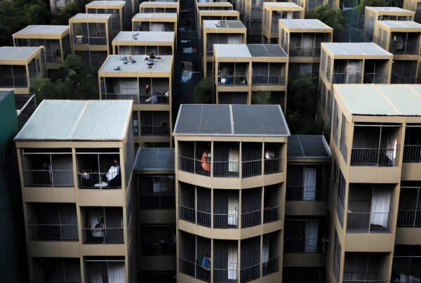 Aerial view of uniform apartment buildings with balconies, showcasing a dense urban environment and city skyline backdrop.