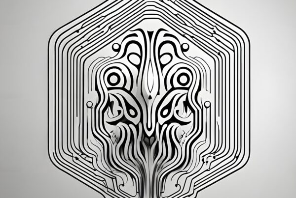 Intricate abstract black and white circuit-inspired design featuring geometric and symmetrical patterns with flowing lines.