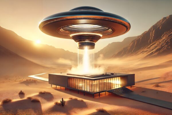 Futuristic spaceship hovering over desert building at sunset.