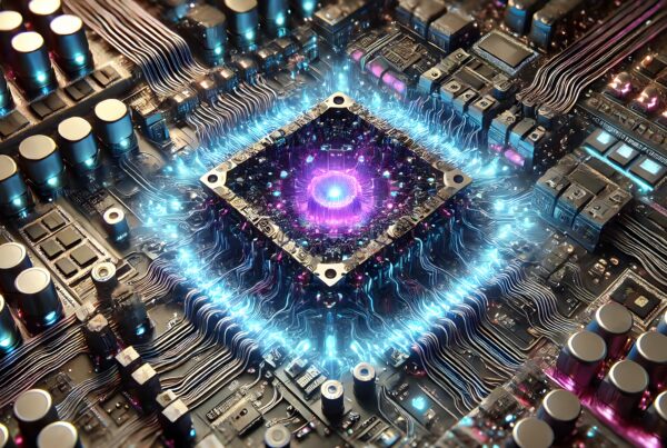 Futuristic microchip with glowing circuitry and advanced technology design.