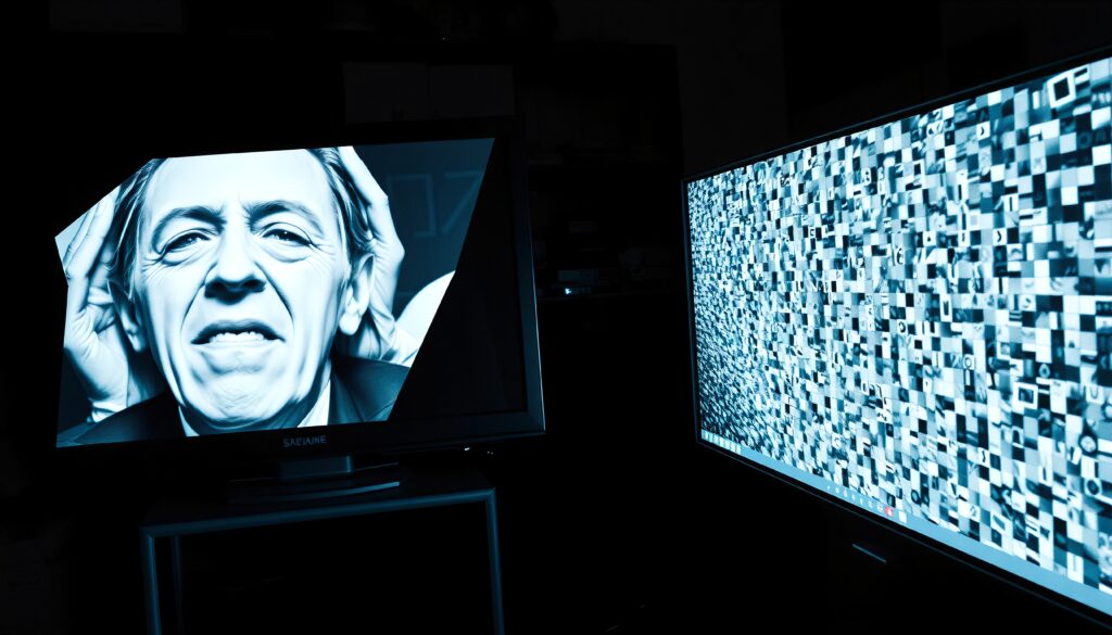 Dual Monitors in Dark Room with Surveillance and Media Content