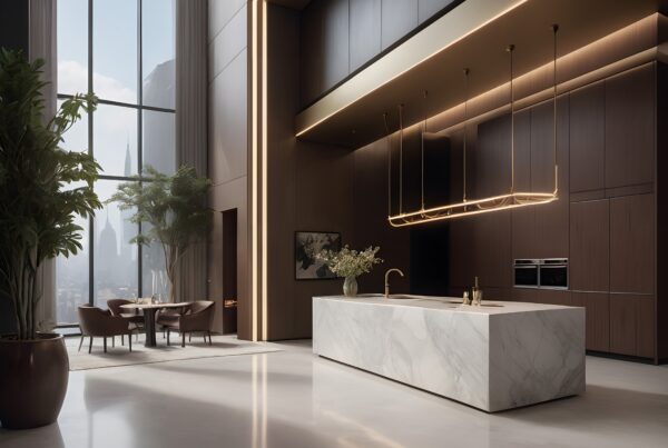 Modern luxury kitchen with city view, marble island.