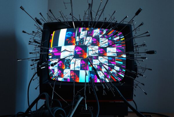 A retro TV with colorful, kaleidoscopic display and exploding antennas, illustrating media evolution.