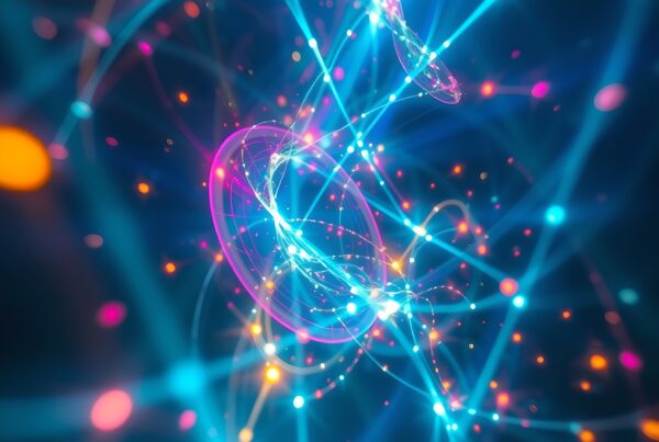 A mesmerizing array of neon lights interconnected in a dynamic digital network against a dark background.