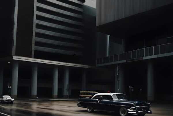 A classic car on a rainy city street, flanked by modern buildings, creating a timeless urban scene.