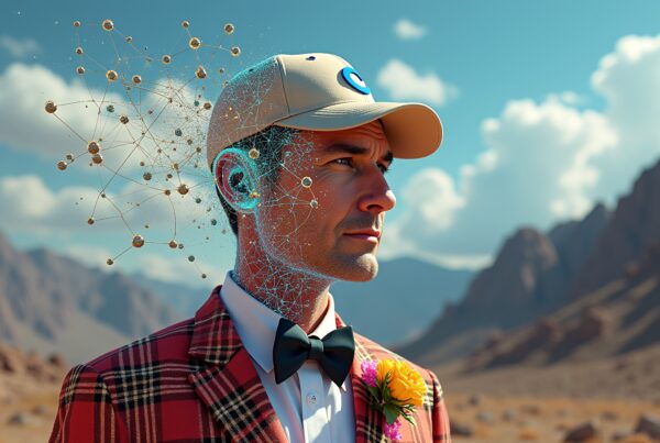 A man in a plaid suit with a digital network emanating from his head, set against a desert landscape.