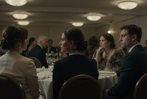 Formal dinner event with guests in elegant attire seated at round tables