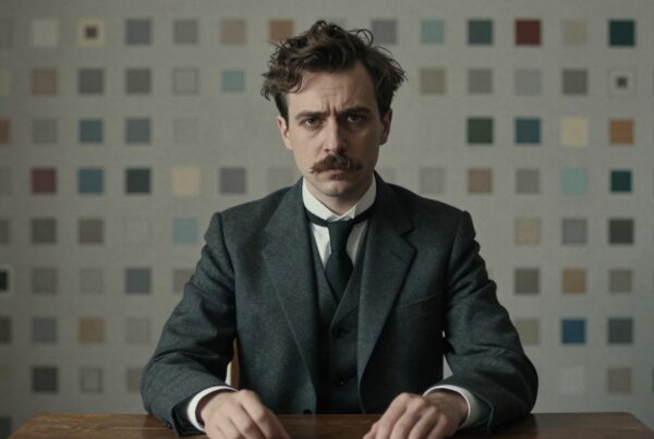 A man in a formal suit sits at a table against a colorful square-patterned wall.