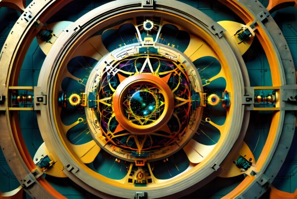 A futuristic machine with cosmic elements, intricate golden gears and a central sphere filled with glowing stars.
