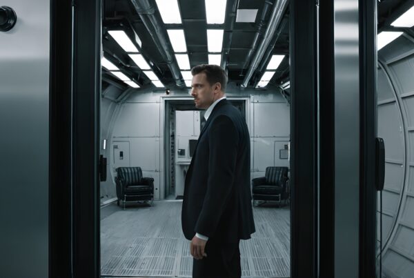 A man in a suit stands in a futuristic metal hallway with bright lights.