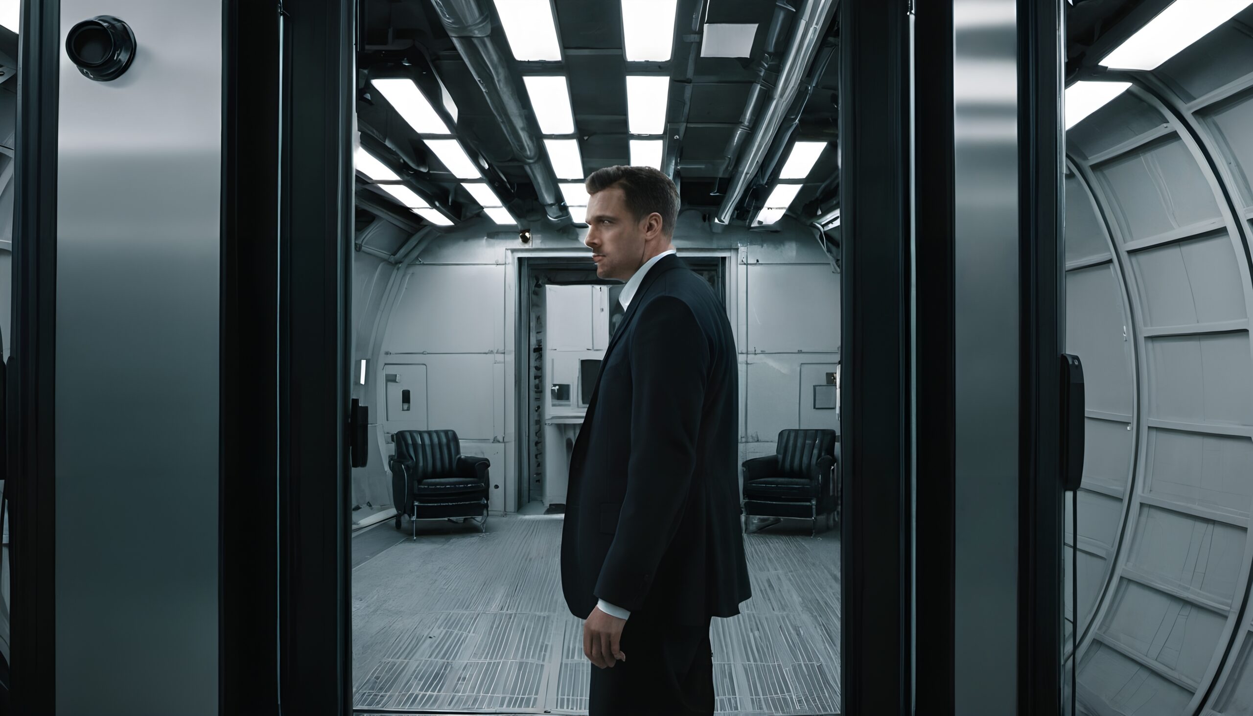 Futuristic Businessman in Modern Hallway