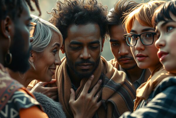 A diverse group of people embraces in a warm, close-knit setting, highlighting themes of friendship and unity.