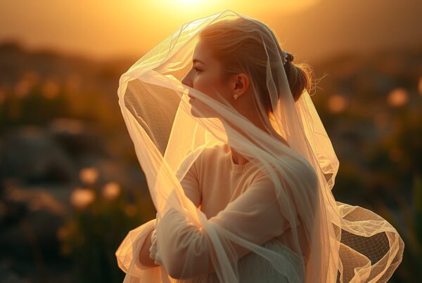 A woman wearing a veil stands in a sunlit landscape, her serene expression illuminated by golden light, conveying elegance and tranquility.