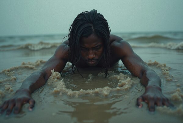 A serene scene of a person lying peacefully on a beach with gentle ocean waves.