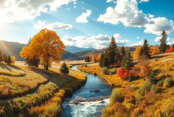 A vibrant autumn landscape with a winding river, colorful foliage, and distant mountains under a blue sky.