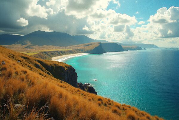 Breathtaking coastal landscape with cliffs, ocean, and blue sky.