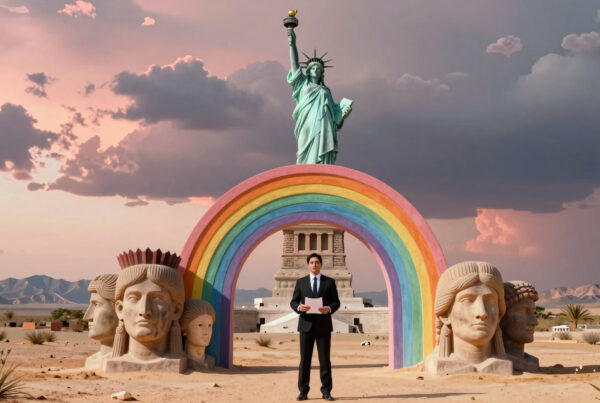 Man standing under rainbow arch with Statue of Liberty in surreal desert landscape