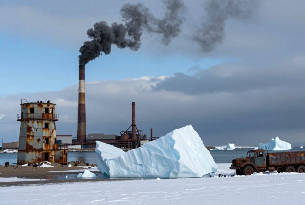 A rusted industrial site with large icebergs in the background under a cloudy sky, highlighting nature's beauty amid decay.
