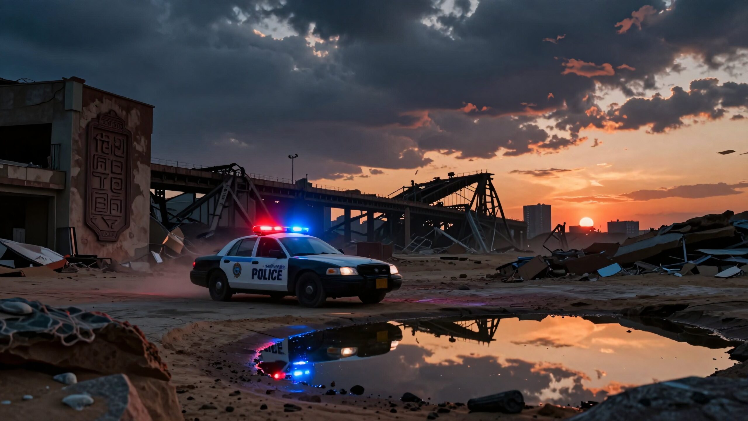 Abandoned industrial site at sunset