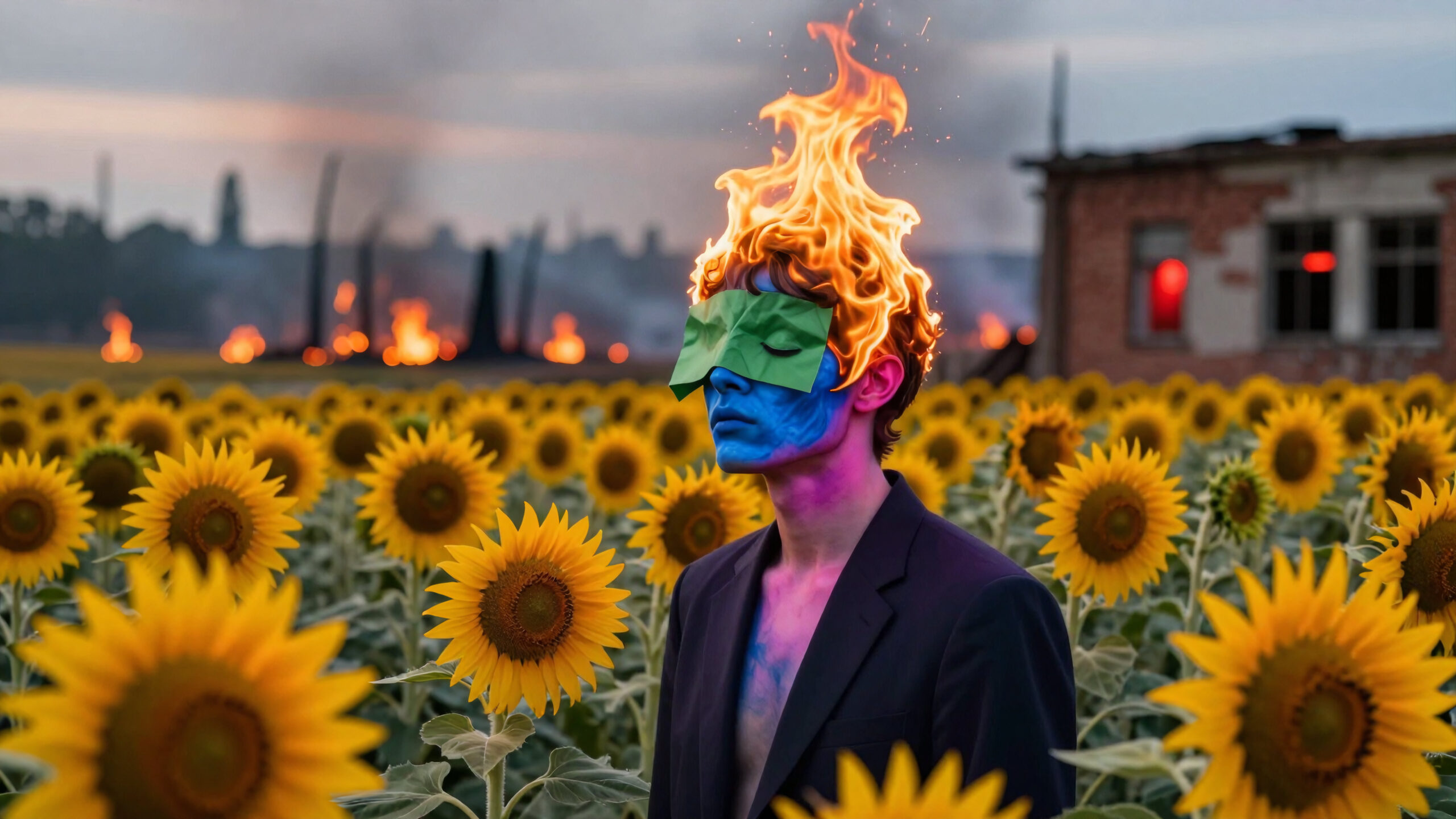 Flame Mask Amidst Sunflower Fields