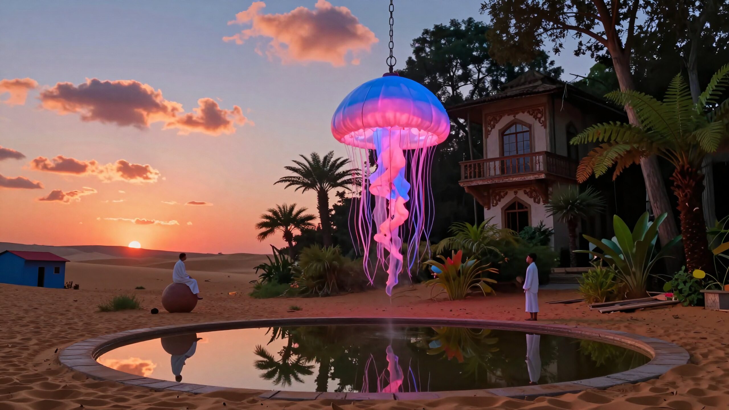 Surreal Desert Sunset with Jellyfish