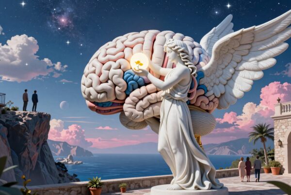 Angel statue with brain and glowing light under starry sky.