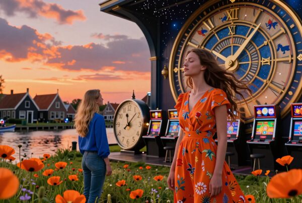 Two women in front of a giant clock tower, surrounded by vibrant poppies and slot machines, during a stunning sunset.