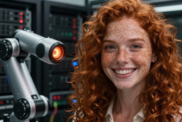 Smiling redhead woman working beside futuristic robotic arm in server room