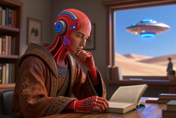 Humanoid robot reading book with UFO outside window in study room.