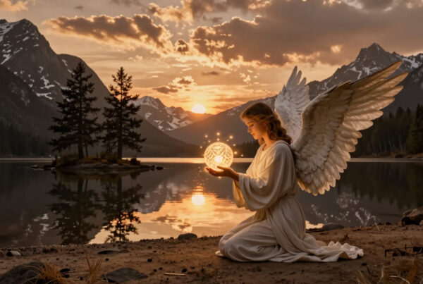 Serene angel kneeling by lake holding glowing orb at golden sunset over snowy mountains
