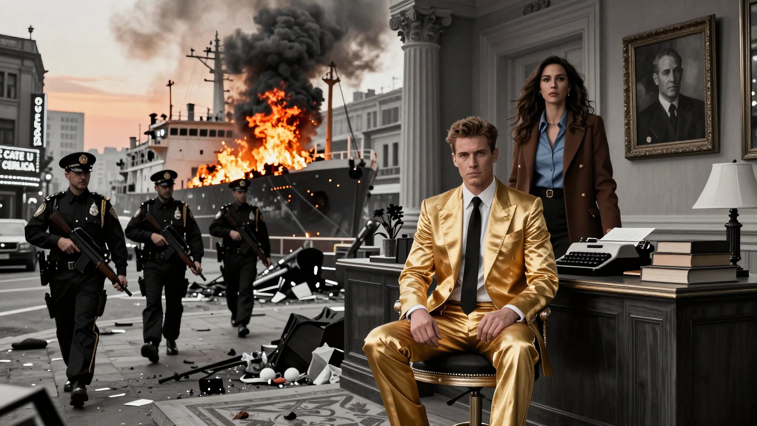 Police amid chaos golden suit