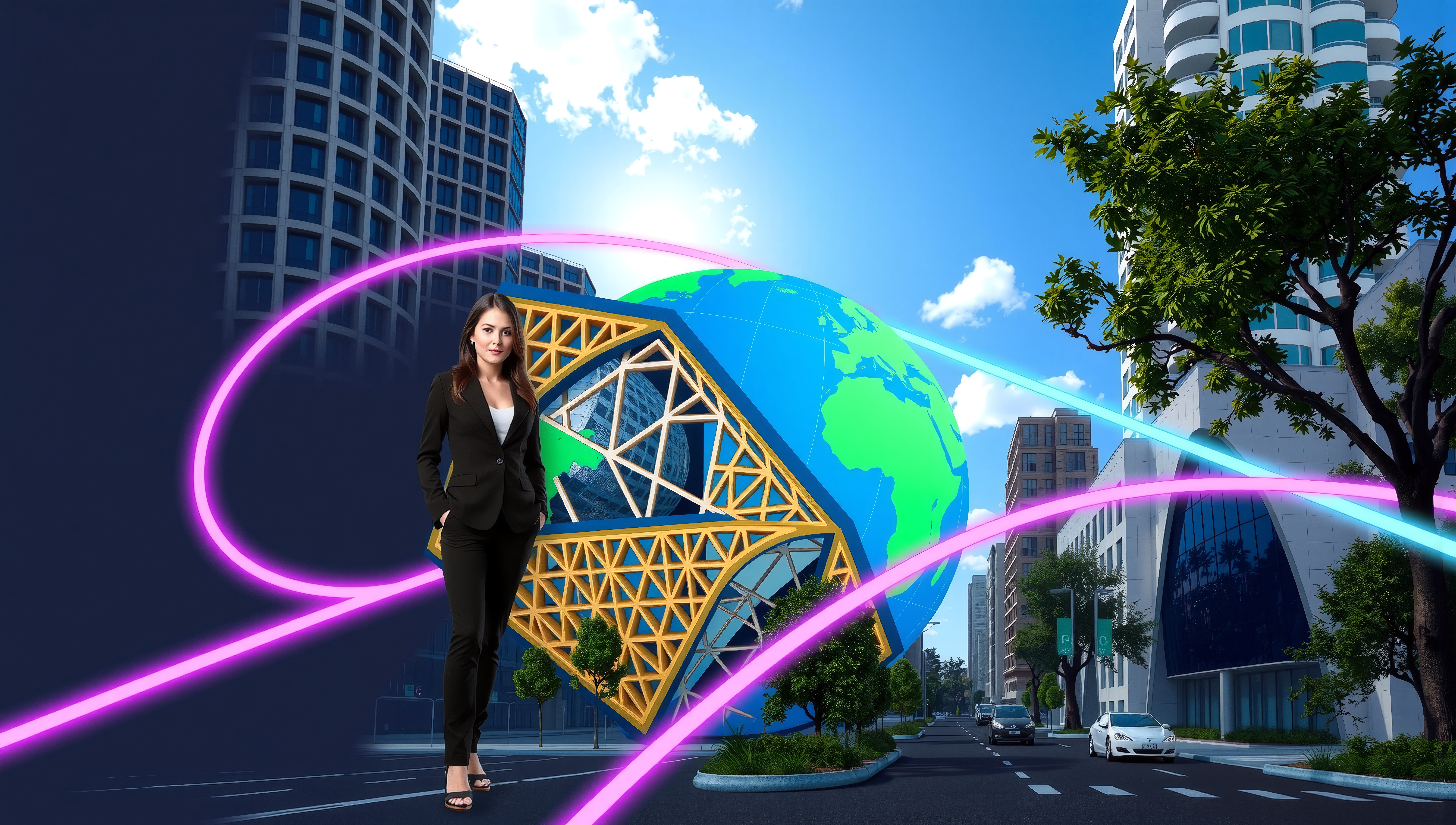 Businesswoman with Globe in Urban Cityscape