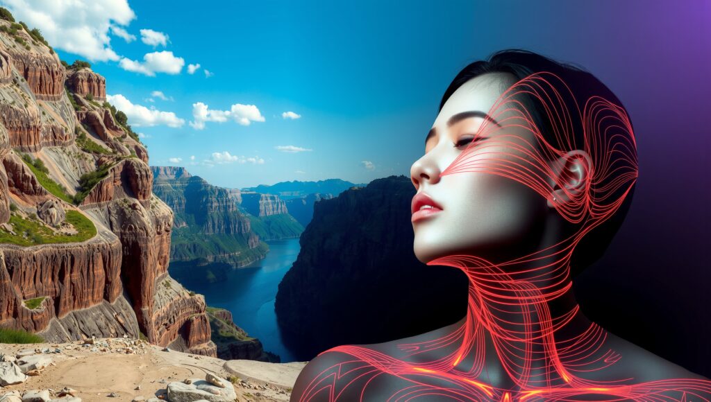Woman with glowing neural network overlooking scenic canyon landscape