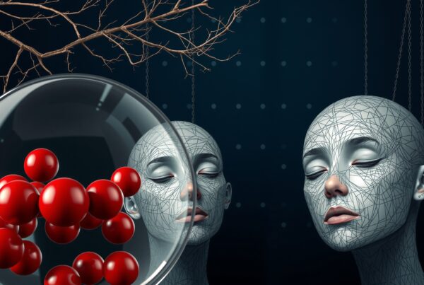 Surreal digital artwork of wireframe heads with red spheres, set against a dark background with geometric patterns and branches.