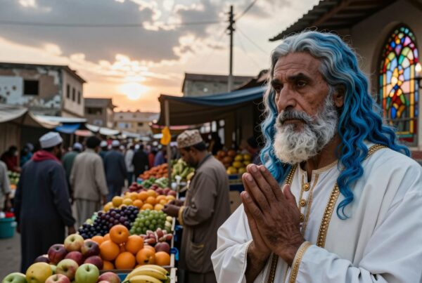 Elderly man with blue hair prays in a vibrant market at sunset.