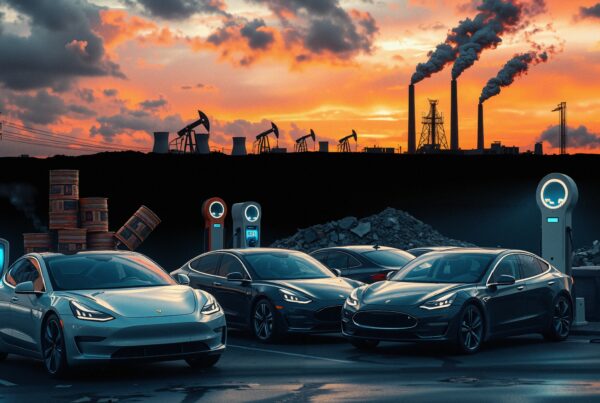 Electric cars charging against a backdrop of industrial pollution at sunset.