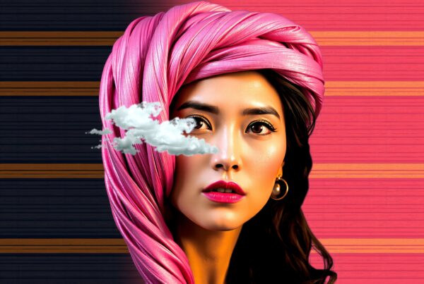 A woman with a pink turban and cloud in a surreal portrait.