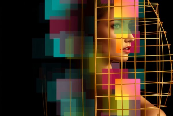 Abstract digital art featuring a woman's face, vibrant colors, and geometric shapes against a black background.
