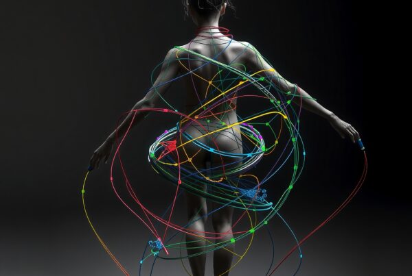 A woman wrapped in colorful wires stands on a dark background, creating a vibrant contrast and highlighting modern art and technology.