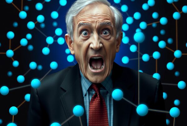 Elderly man surrounded by a glowing, digital network of blue nodes and connections with a shocked expression.