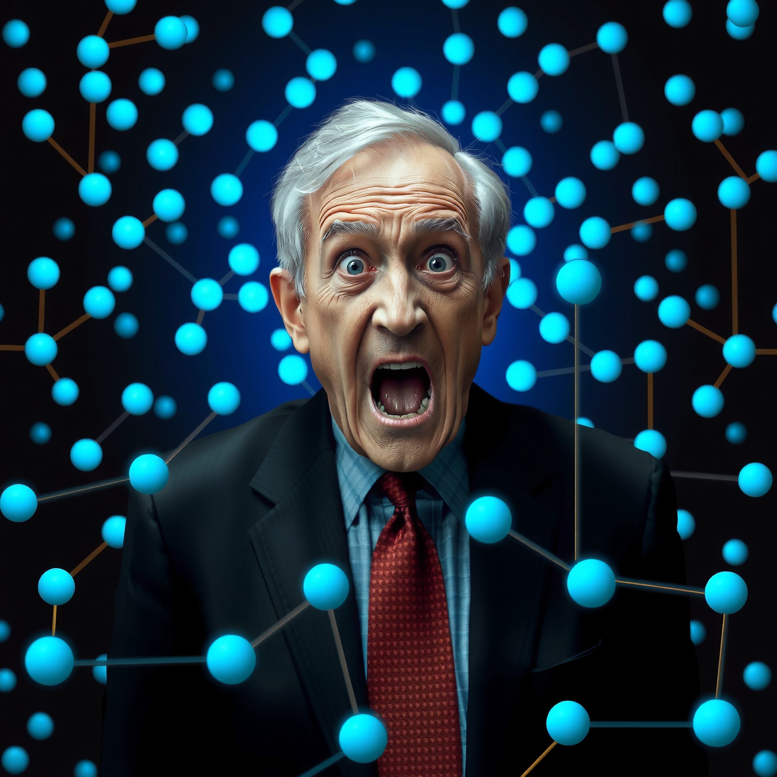 Elderly Man Amid Digital Network