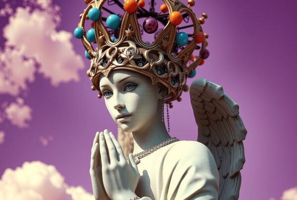 A serene angel statue with wings and a colorful crown against a vibrant purple sky.