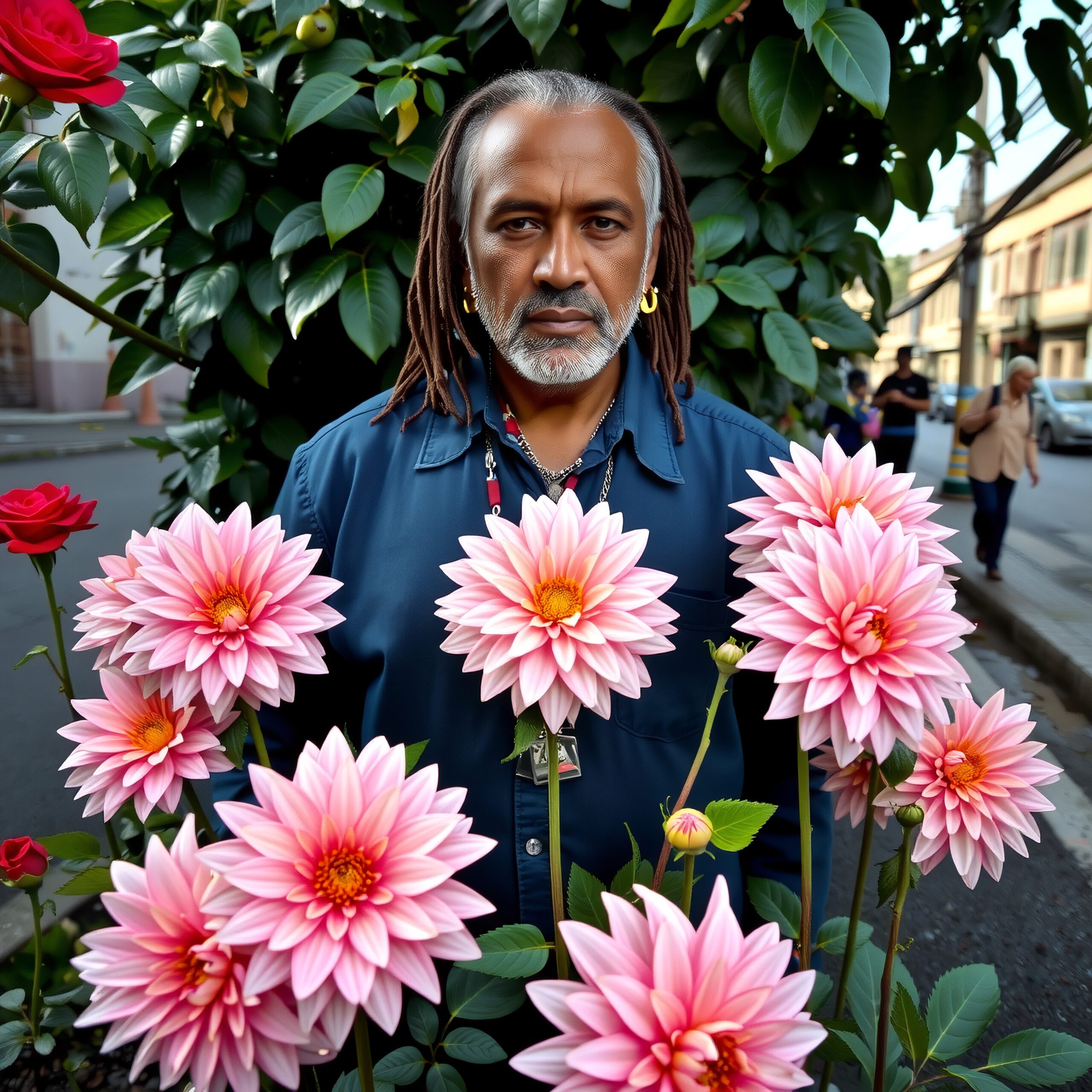 Man Standing Among Bright Dahlias