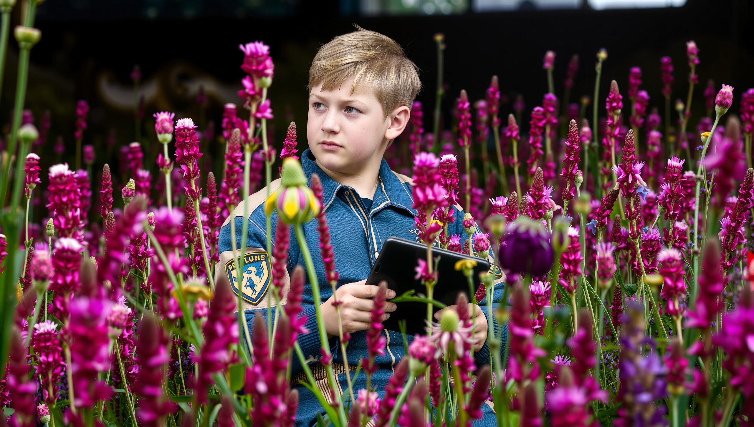 Boy amidst tall pink flowers