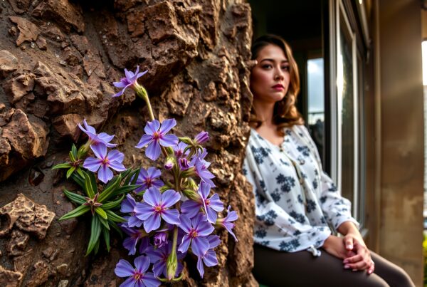 Purple flowers on rocky background with woman beside in city setting.