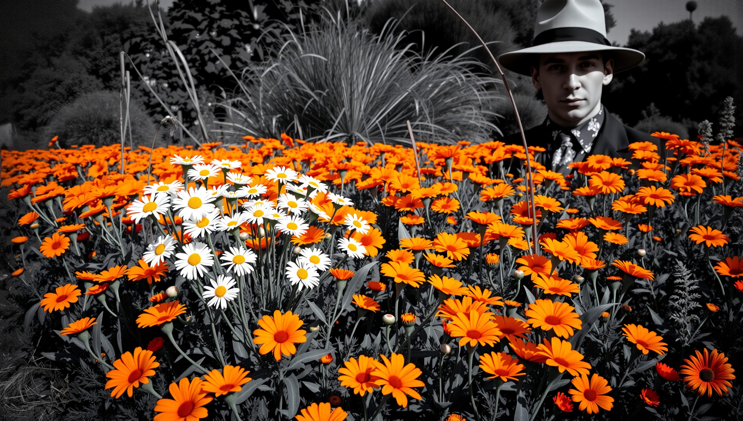 Contrast of Man and Flowers