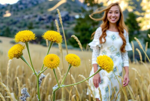 Young smiling woman posing among golden daisies in sunny mountain meadow wearing elegant white patterned dress