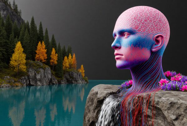 Surreal digital art of futuristic human head with natural landscape background, harmonizing technology and nature in a colorful, imaginative scene.