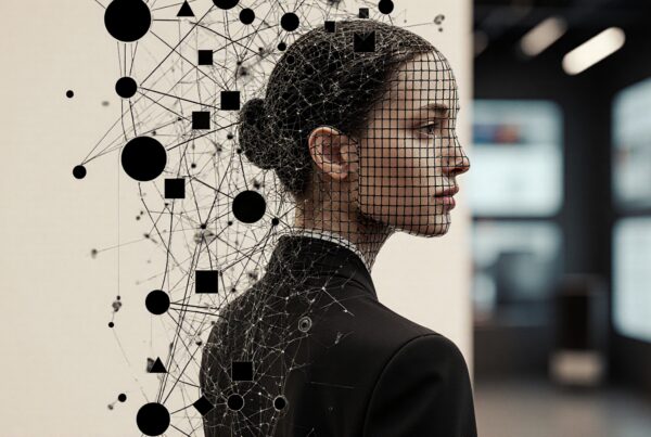 A woman with a digital mesh face, blending human and technological elements, symbolizes digital transformation and integration.