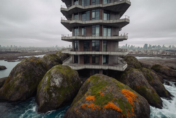 Unique multi-story building perched on large coastal rocks with a city skyline in the background.